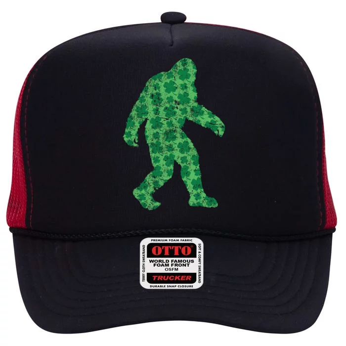 Vintage Bigfoot St Patrick's Day 4 Leaf Clover Sasquatch Gift High Crown Mesh Trucker Hat