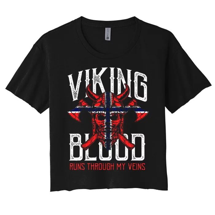 Viking Blood Skull Norwegian Flag Pride Norway Women's Crop Top Tee