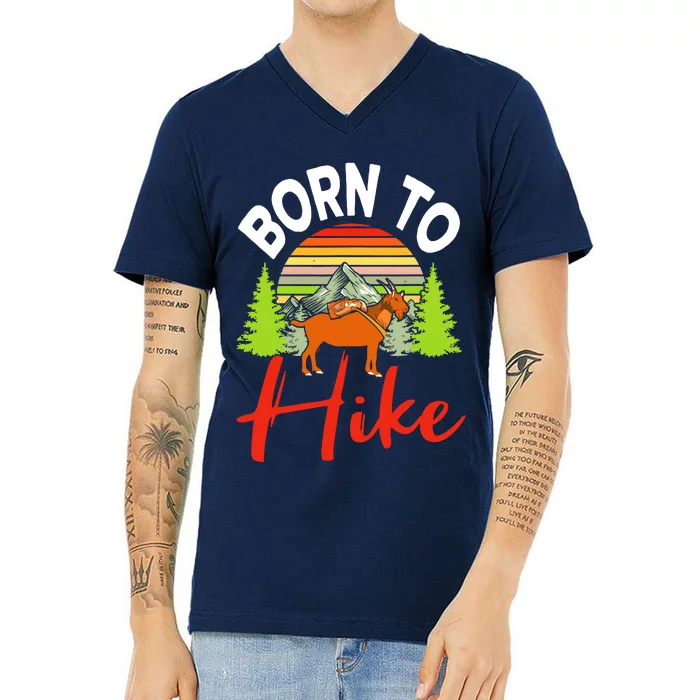 Vintage Born To Hike Funny Mountain Climbing Goat Hiking V-Neck T-Shirt