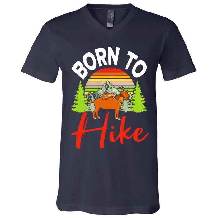 Vintage Born To Hike Funny Mountain Climbing Goat Hiking V-Neck T-Shirt