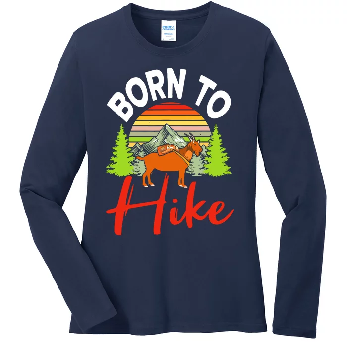 Vintage Born To Hike Funny Mountain Climbing Goat Hiking Ladies Long Sleeve Shirt