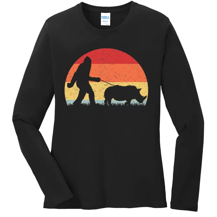 Vintage Bigfoot Walking Rhino Sasquatch Funny Gifts Ladies Long Sleeve Shirt