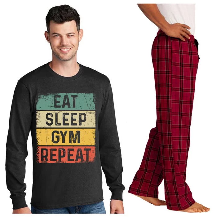 Vintage Bodybuilder Workout Funny Eat Sleep Gym Repeat Funny Gift Long Sleeve Pajama Set