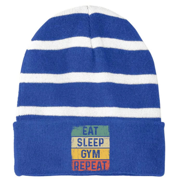 Vintage Bodybuilder Workout Funny Eat Sleep Gym Repeat Funny Gift Striped Beanie with Solid Band