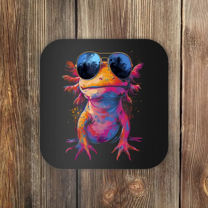 Vintage Colorful Axolotl Art With Sunglass Cute Axolotl Coaster