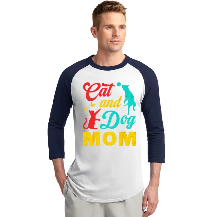 Vintage Cat And Dog Mom Mothers Day For Cat Dog Lover Mama Baseball Sleeve Shirt