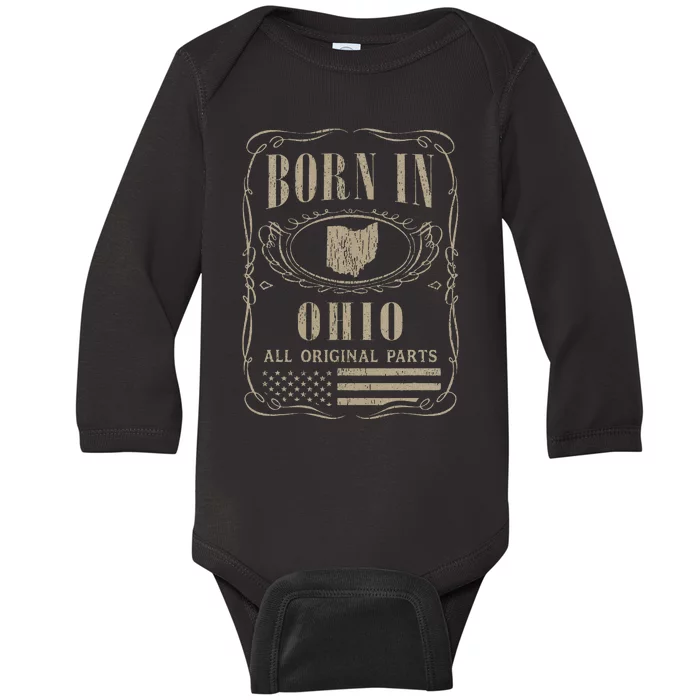 Vintage Classic America Land Map US States Born Ohio Baby Long Sleeve Bodysuit