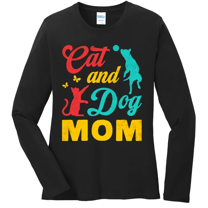 Vintage Cat And Dog Mom Mothers Day For Cat Dog Lover Mama Ladies Long Sleeve Shirt