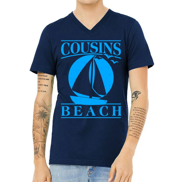 Vintage Cousin Beach Sail Boat V-Neck T-Shirt