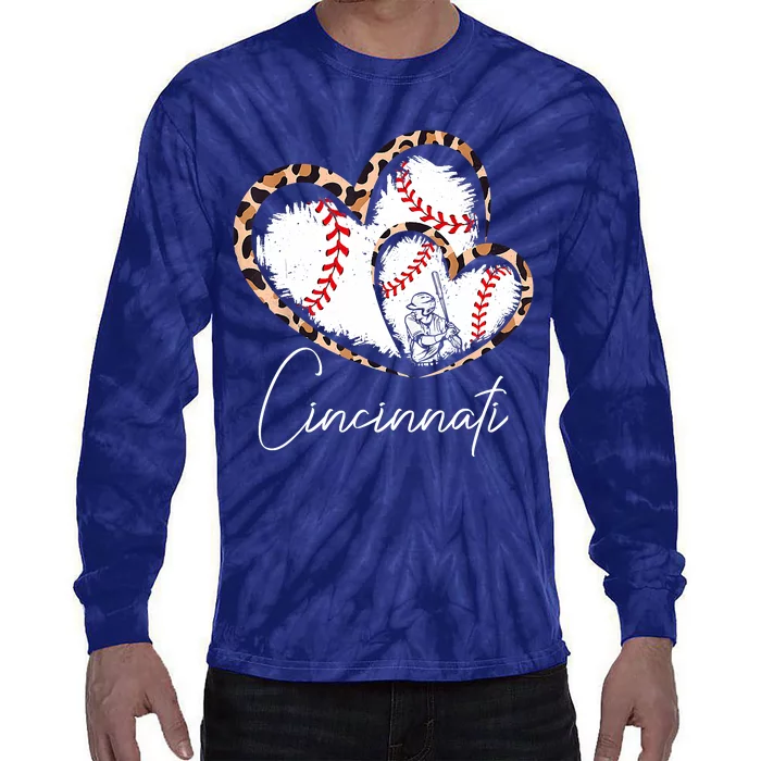 Vintage Cincinnati Baseball Leopard Heart Baseball Fans Tie-Dye Long Sleeve Shirt