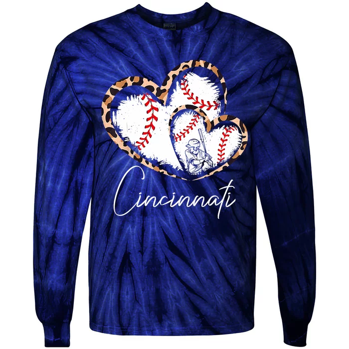 Vintage Cincinnati Baseball Leopard Heart Baseball Fans Tie-Dye Long Sleeve Shirt