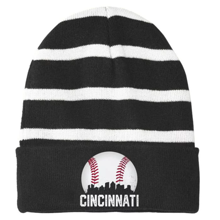 Vintage Cincinnati Baseball Ohio Skyline City Striped Beanie with Solid Band