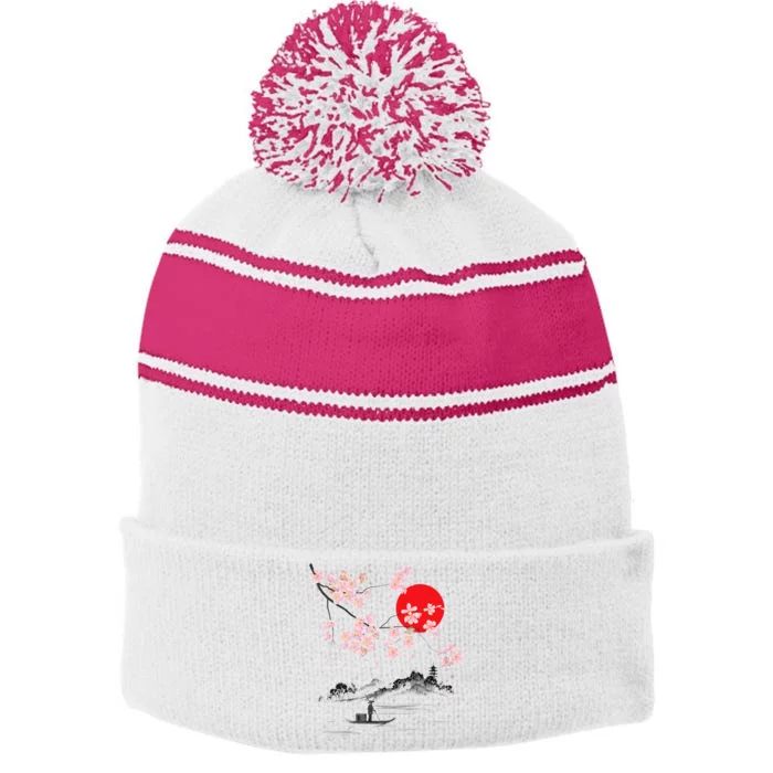 Vintage Cherry Blossom Sakura Japanese Art Sakura Stripe Pom Pom Beanie