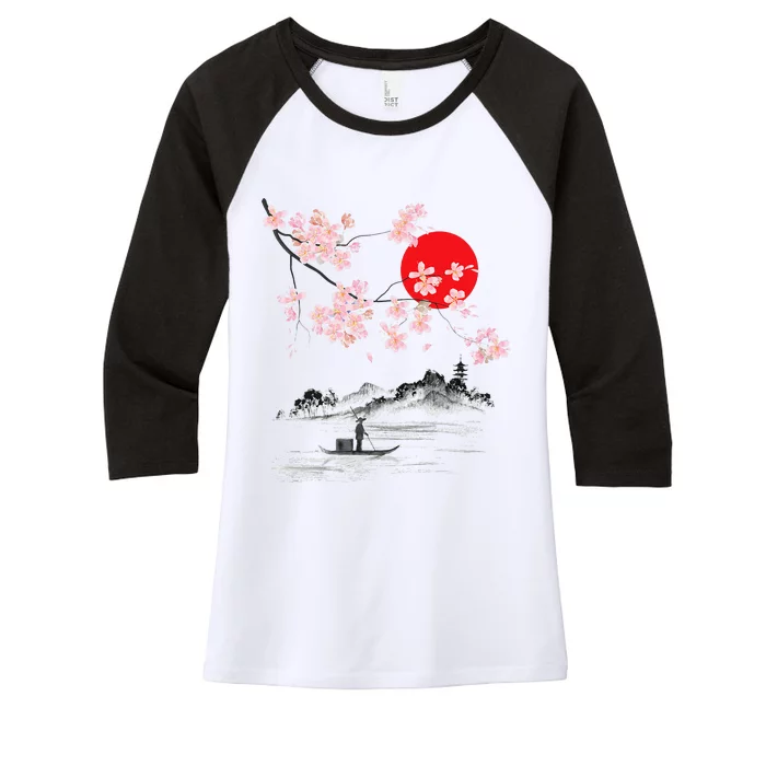 Vintage Cherry Blossom Sakura Japanese Art Sakura Women's Tri-Blend 3/4-Sleeve Raglan Shirt