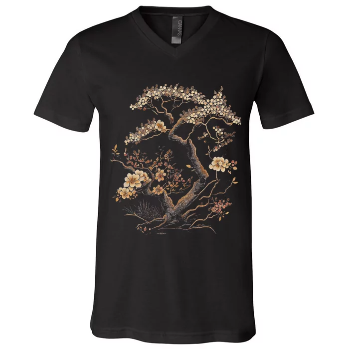 Vintage Cherry Blossom Graphic Woodblock Japanese Graphical V-Neck T-Shirt