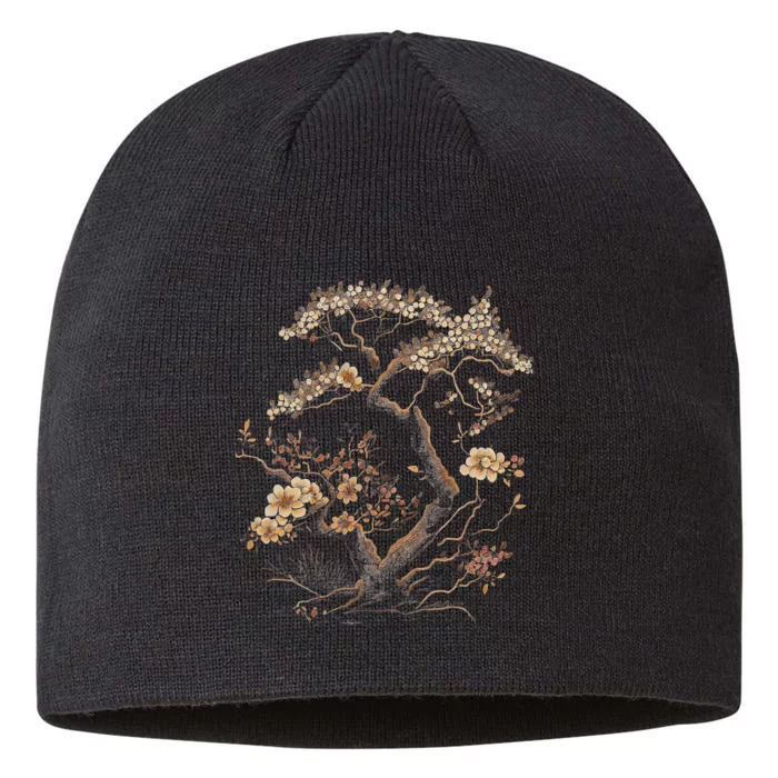 Vintage Cherry Blossom Graphic Woodblock Japanese Graphical 8 1/2in Sustainable Knit Beanie