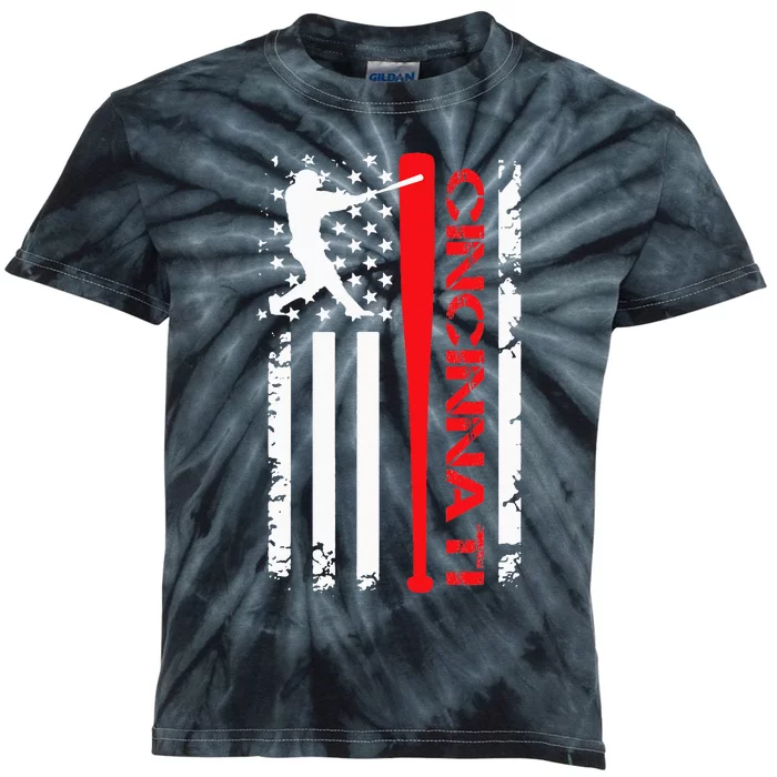 Vintage Cincinnati Baseball American US Flag Kids Tie-Dye T-Shirt