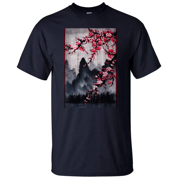 Vintage Cherry Blossom Woodblock Tee Japanese Graphical Art Tall T-Shirt