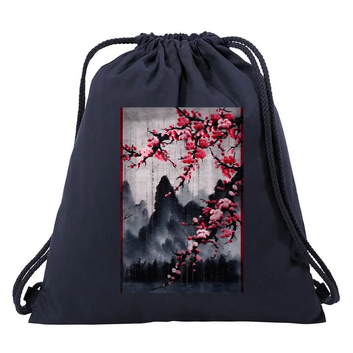 Vintage Cherry Blossom Woodblock Tee Japanese Graphical Art Drawstring Bag