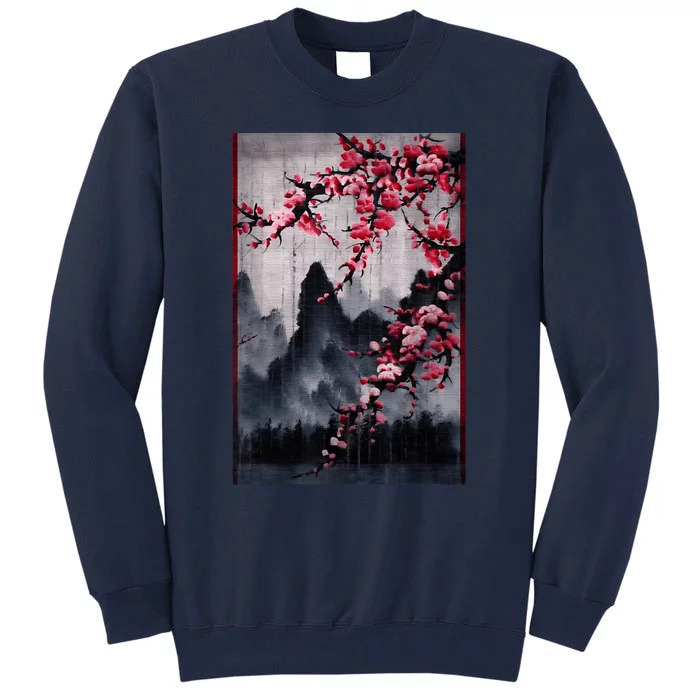 Vintage Cherry Blossom Woodblock Tee Japanese Graphical Art Tall Sweatshirt