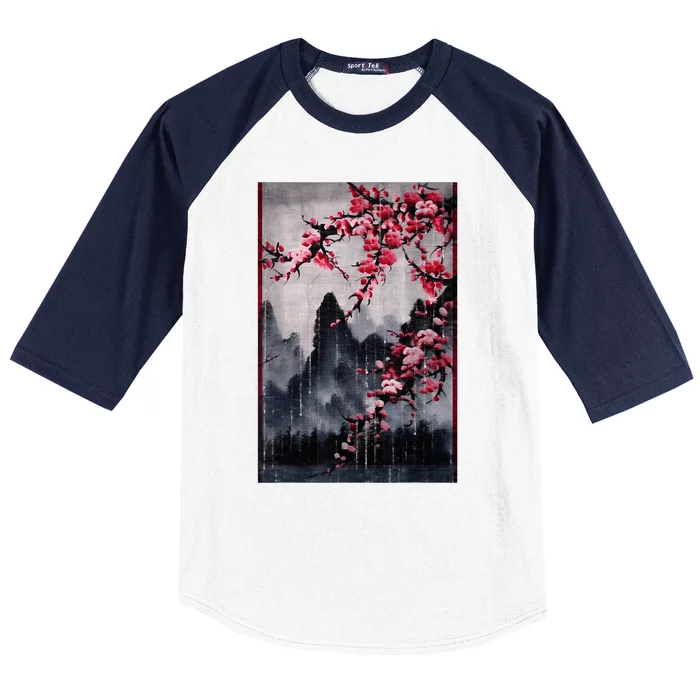 Vintage Cherry Blossom Woodblock Tee Japanese Graphical Art Baseball Sleeve Shirt