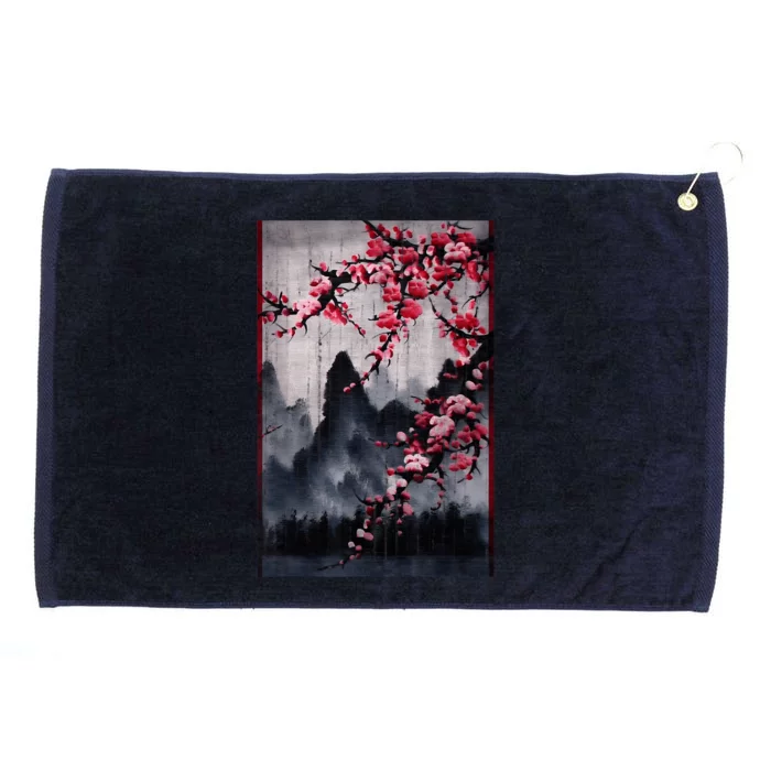 Vintage Cherry Blossom Woodblock Tee Japanese Graphical Art Grommeted Golf Towel