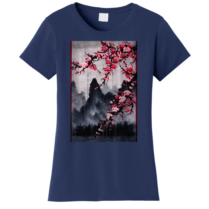 Vintage Cherry Blossom Woodblock Tee Japanese Graphical Art Women's T-Shirt