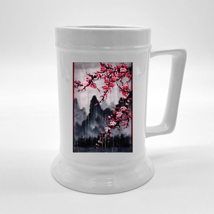 Vintage Cherry Blossom Woodblock Tee Japanese Graphical Art Front & Back Beer Stein