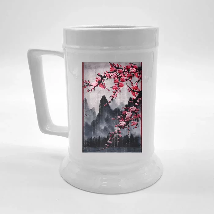 Vintage Cherry Blossom Woodblock Tee Japanese Graphical Art Front & Back Beer Stein