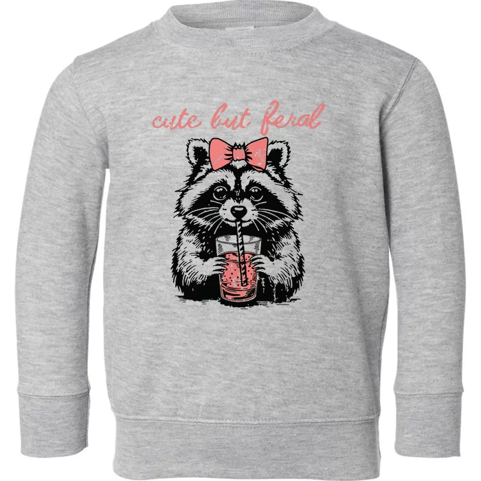 Vintage Cute But Feral Funny Raccoon With Coffee Lovers Toddler Sweatshirt