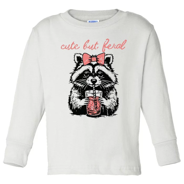 Vintage Cute But Feral Funny Raccoon With Coffee Lovers Toddler Long Sleeve Shirt