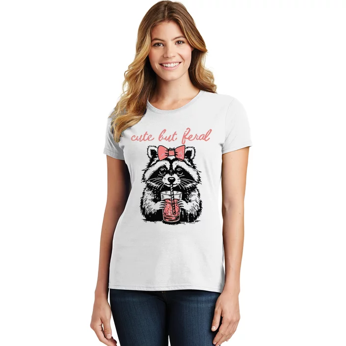 Vintage Cute But Feral Funny Raccoon With Coffee Lovers Women's T-Shirt