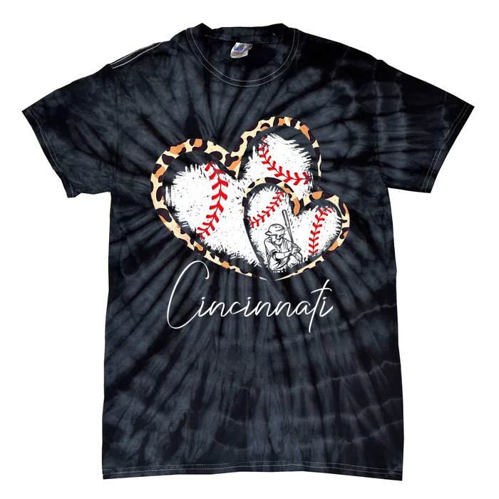 Vintage Cincinnati Baseball Leopard Heart Baseball Fans Tie-Dye T-Shirt