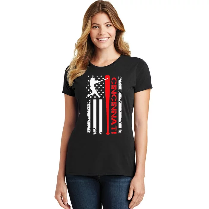 Vintage Cincinnati Baseball American US Flag Women's T-Shirt