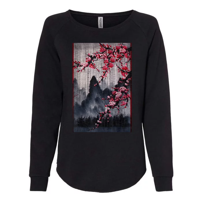 Vintage Cherry Blossom Woodblock Japanese Graphical Art Womens California Wash Sweatshirt