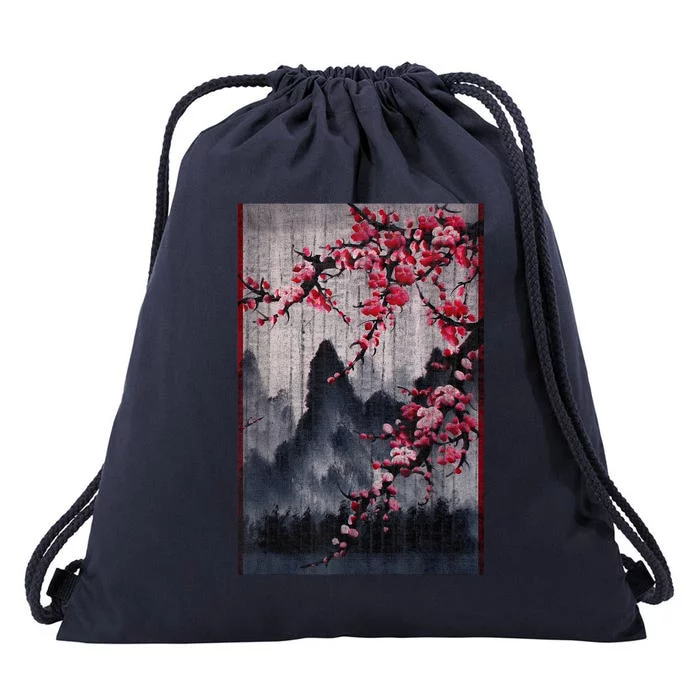 Vintage Cherry Blossom Woodblock Japanese Graphical Art Drawstring Bag