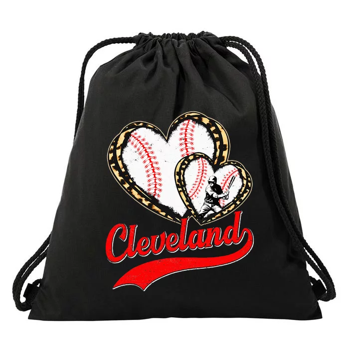 Vintage Cleveland Baseball Leopard Heart Baseball Fans Drawstring Bag