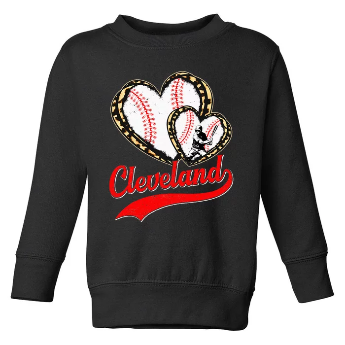 Vintage Cleveland Baseball Leopard Heart Baseball Fans Toddler Sweatshirt