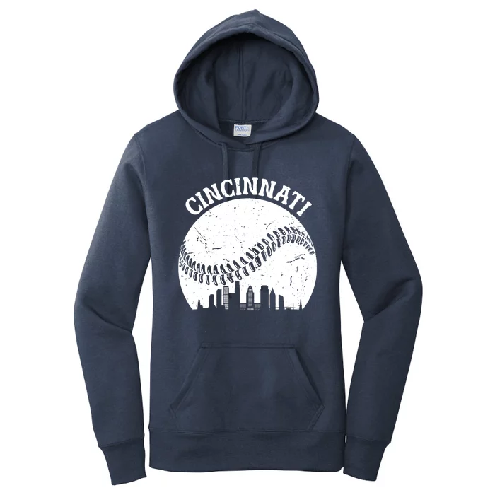 Vintage Cincinnati Baseball Skyline Cityscape Retro Baseball Women's Pullover Hoodie