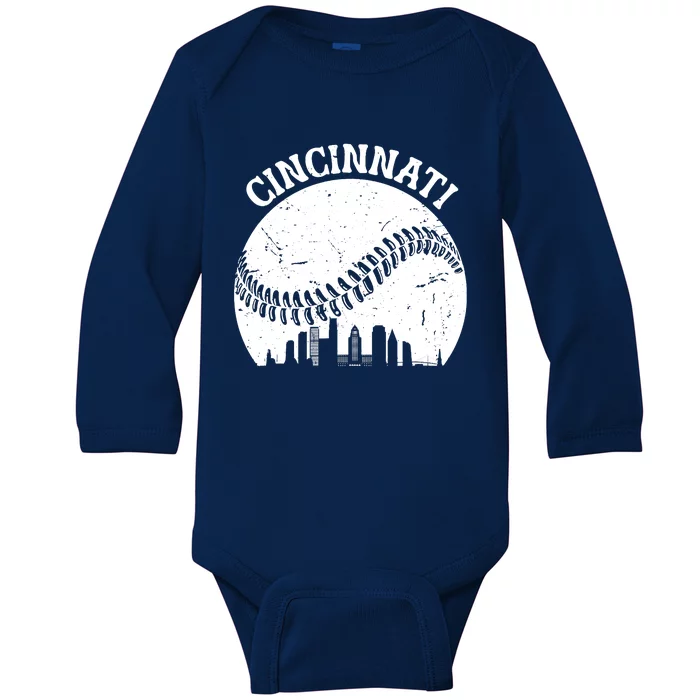 Vintage Cincinnati Baseball Skyline Cityscape Retro Baseball Baby Long Sleeve Bodysuit