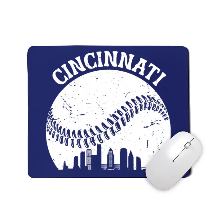 Vintage Cincinnati Baseball Skyline Cityscape Retro Baseball Mousepad