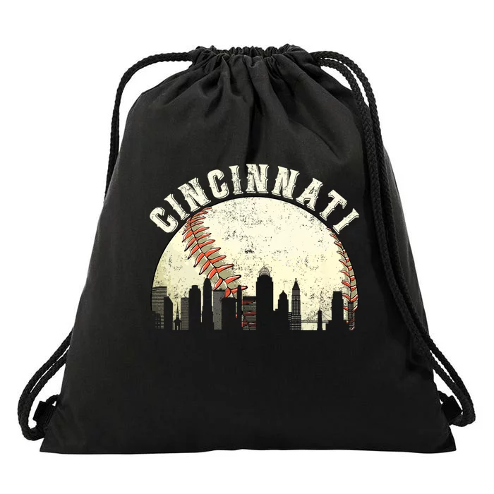 Vintage Cincinnati Cityscape Baseball Lover Drawstring Bag