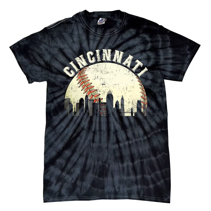 Vintage Cincinnati Cityscape Baseball Lover Tie-Dye T-Shirt