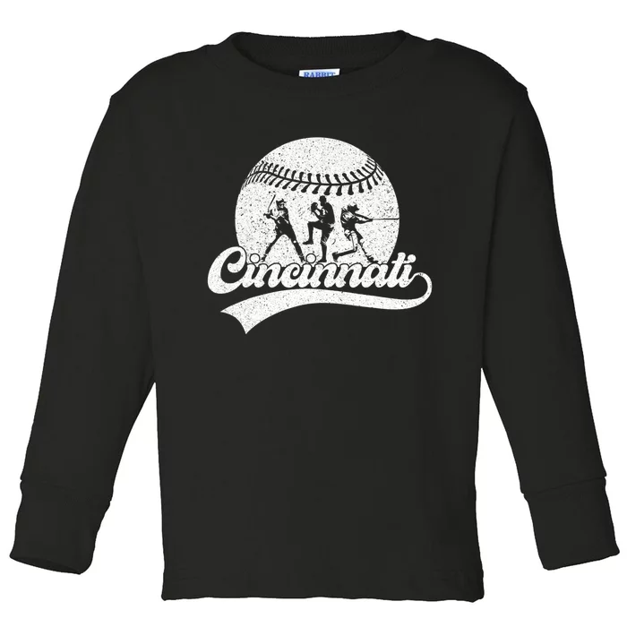 Vintage Cincinnati City Baseball Lover Baseball Fans Toddler Long Sleeve Shirt