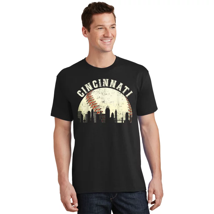 Vintage Cincinnati Cityscape Baseball Lover T-Shirt