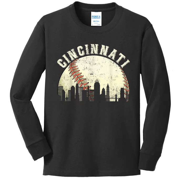 Vintage Cincinnati Cityscape Baseball Lover Kids Long Sleeve Shirt