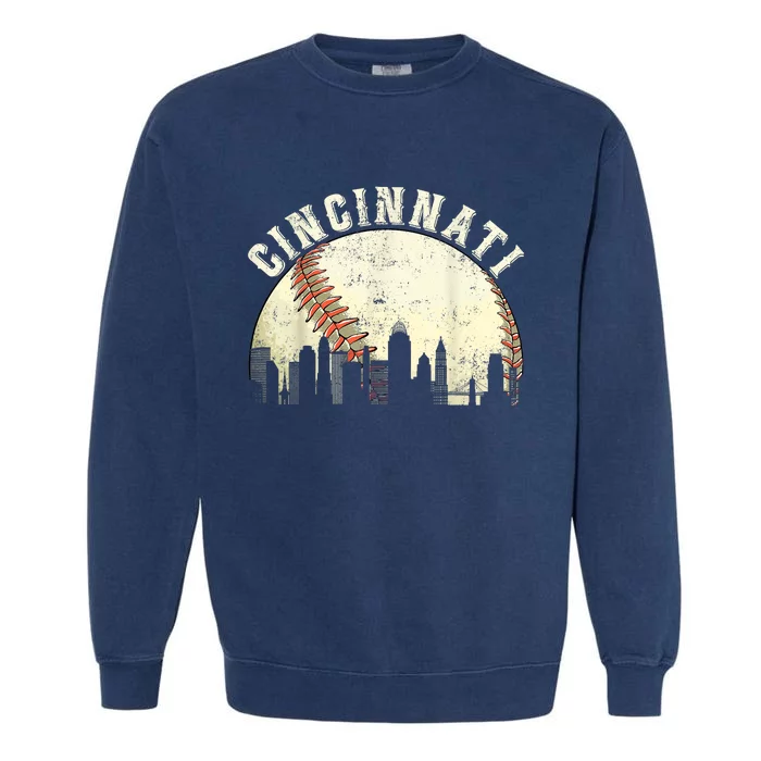 Vintage Cincinnati Cityscape Baseball Lover Garment-Dyed Sweatshirt