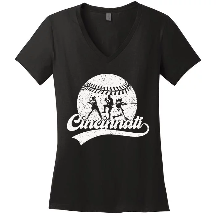 Vintage Cincinnati City Baseball Lover Baseball Fans Women's V-Neck T-Shirt