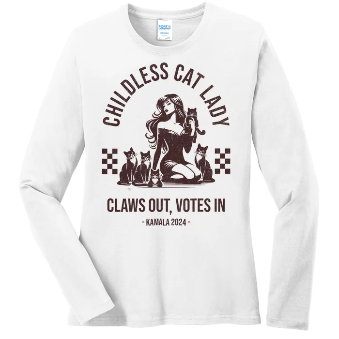 Vintage Childless Cat Lady Claws Out Votes In Harris 2024 Ladies Long Sleeve Shirt