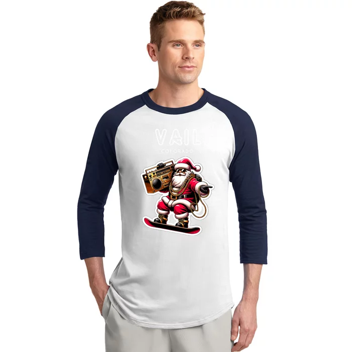 Vail Colorado Christmas Snowboard Santa Claus Gift Baseball Sleeve Shirt